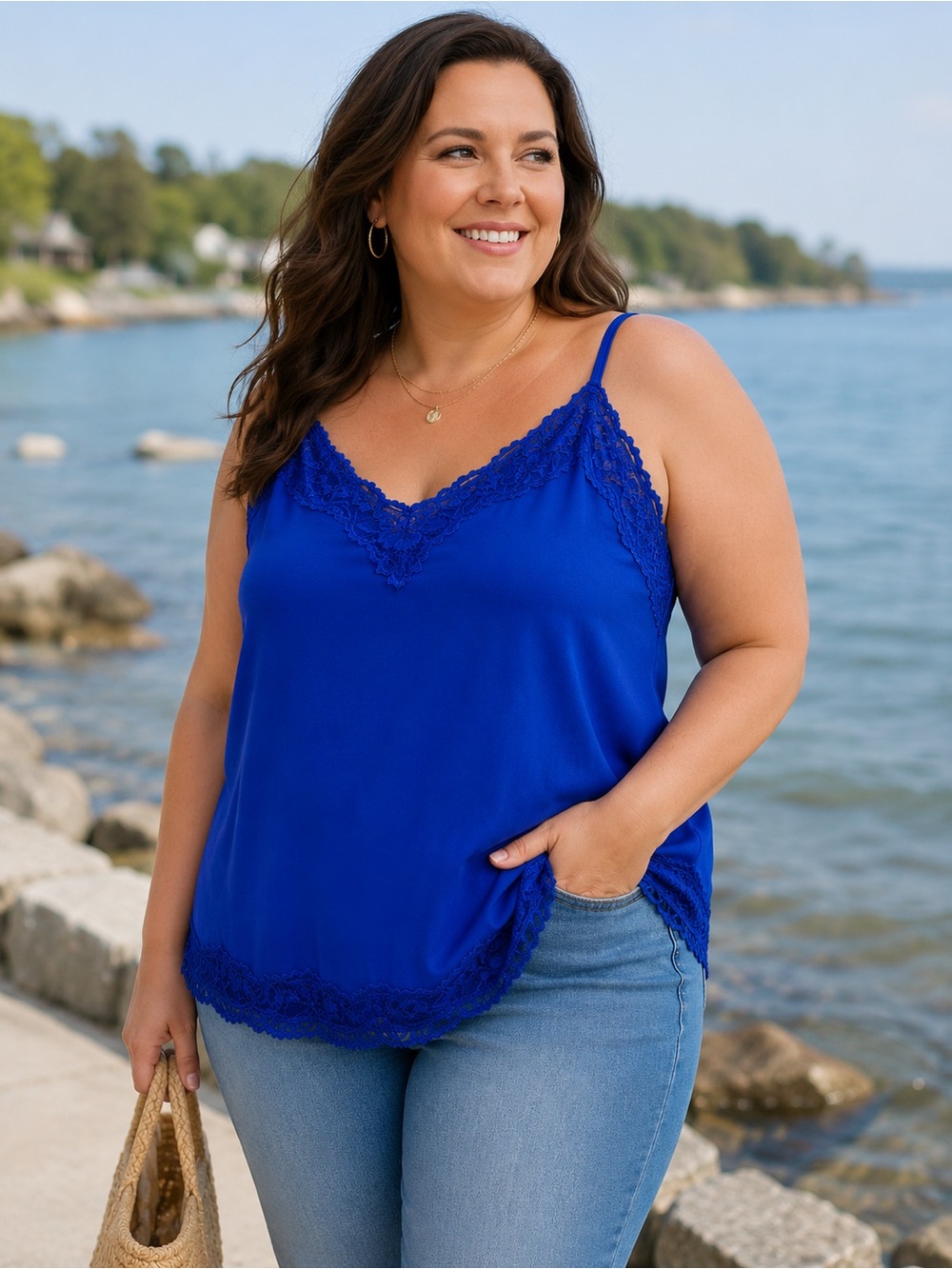 LANE BRYANT Royal Blue Lace Trim Spaghetti Strap Tank Top Camisole Size 14/16